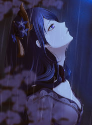 Rule 34 | 1girl, absurdres, black detached collar, blue eyes, blue flower, blue hair, blunt bangs, blurry, blurry foreground, bow, bowtie, breasts, cleavage, detached collar, expressionless, flower, from side, genshin impact, hair flower, hair ornament, head back, highres, long hair, looking up, medium breasts, mole, mole under eye, neck, nisikm, parted lips, profile, raiden shogun, rain, red bow, red bowtie, solo, upper body, wet