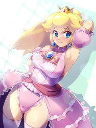 Rule 34 | 1girl, aqua background, arm up, armpits, blonde hair, blue brooch, blue eyes, blurry, bokeh, breasts, closed mouth, commentary, crown, depth of field, detached sleeves, dress, earrings, gloves, hand on own hip, highres, jewelry, konpeto, large breasts, light blush, long hair, looking at viewer, mario (series), nintendo, pink dress, ponytail, princess peach, puffy detached sleeves, puffy sleeves, revision, showgirl skirt, sleeveless, sleeveless dress, smile, solo, sphere earrings, super mario bros. 1, super smash bros., thighhighs, white gloves, white thighhighs