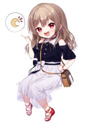 Rule 34 | 1girl, :d, aged down, bag, bare shoulders, black shirt, blush, braid, brown hair, clothing cutout, crescent, crown braid, full body, furen e lustario, hand up, head tilt, index finger raised, long hair, looking at viewer, nijisanji, notice lines, open mouth, red eyes, red footwear, sandals, see-through, shirt, short sleeves, shoulder bag, shoulder cutout, simple background, sitting, skirt, smile, solo, speech bubble, teeth, upper teeth only, virtual youtuber, white background, white skirt, wide sleeves, yamabukiiro