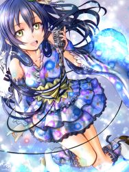 Rule 34 | 1girl, bare shoulders, birthday, blue hair, detached sleeves, highres, long hair, love live!, minami saan, open mouth, smile, solo, sonoda umi, yellow eyes