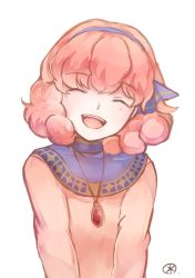 Rule 34 | 1girl, ^ ^, closed eyes, curly hair, dress, fire emblem, fire emblem echoes: shadows of valentia, genny (fire emblem), hairband, jewelry, long sleeves, necklace, nintendo, open mouth, pink hair, short hair, simple background, smile, solo, tarayuki, upper body, white background