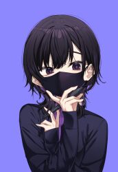 Rule 34 | 1girl, absurdres, black hair, black jacket, blue background, collared shirt, dress shirt, hair between eyes, hands up, highres, holding, holding stylus, ivan wang, jacket, long sleeves, looking at viewer, mask, mouth mask, open clothes, open jacket, original, purple eyes, purple shirt, shirt, simple background, sleeves past wrists, solo, stylus