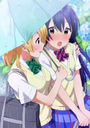 Rule 34 | 2girls, absurdres, arm around shoulder, ayase eli, blonde hair, blue eyes, blue hair, blush, bow, bowtie, commentary request, green neckwear, hair between eyes, hand on another&#039;s shoulder, highres, holding, holding umbrella, long hair, looking at another, love live!, love live! school idol project, multiple girls, nanatsu no umi, open mouth, otonokizaka school uniform, outdoors, plaid, plaid skirt, pleated skirt, ponytail, rain, red neckwear, school uniform, shared umbrella, shirt, short sleeves, skirt, smile, sonoda umi, striped bow, striped bowtie, striped clothes, striped neckwear, summer uniform, sweater vest, swept bangs, umbrella, white shirt, yellow eyes, yuri