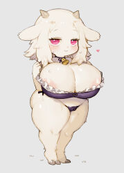 Rule 34 | 1girl, animal ears, areola slip, ass, bell, blush, bra, breasts, cameltoe, cleft of venus, collar, curvy, furry, furry female, goat, goat ears, goat girl, goat horns, highres, hooves, horns, huge breasts, okiai umi, panties, pink eyes, short hair, shortstack, sweat, thick thighs, thighs, underwear, white fur, wide hips