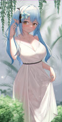 Rule 34 | 1girl, bare arms, bare shoulders, black ribbon, blue hair, blush, bracelet, breasts, cleavage, closed mouth, commentary, dress, hair between eyes, hair ribbon, highres, hololive, jewelry, large breasts, light smile, long dress, long hair, looking at viewer, multicolored hair, necklace, official alternate hairstyle, outdoors, pointy ears, ribbon, see-through, see-through dress, skirt hold, sleeveless, sleeveless dress, solo, spaghetti strap, streaked hair, symbol-only commentary, twintails, underbust, virtual youtuber, wasami, wet, wet clothes, wet dress, white dress, yellow eyes, yukihana lamy