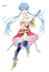 Rule 34 | 1girl, agahari, aiming, aiming at viewer, ankle boots, bare shoulders, blue hair, blue thighhighs, boots, breasts, bridal gauntlets, brown footwear, carrying, carrying under arm, dress, elsa (lost technology), full body, hair between eyes, hair ribbon, halter dress, halterneck, holding, holding staff, jewelry, jumping, long hair, looking at viewer, lost technology, low twintails, non-web source, open mouth, outstretched arm, overskirt, ribbon, ring, simple background, solo, staff, thighhighs, twintails, white background, white dress, zettai ryouiki