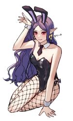 Rule 34 | arms up, blush, breasts, fishnet pantyhose, fishnets, highres, leotard, long hair, looking at viewer, necktie, neosilleosil, nintendo, pantyhose, playboy bunny, pointy ears, princess hilda, purple eyes, purple hair, red eyes, simple background, small breasts, the legend of zelda, the legend of zelda: a link between worlds, triforce earrings, white background