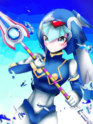 Rule 34 | 1girl, ;), android, blood, blood on face, blue background, blue eyes, breasts, closed mouth, gloves, helmet, holding, holding polearm, holding weapon, fairy leviathan (mega man), looking at viewer, medium breasts, mega man (series), mega man zero (series), one eye closed, polearm, smile, spear, user grpj2832, water, water drop, watermark, weapon, white gloves