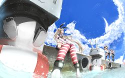 Rule 34 | 10s, 3girls, aircraft, airplane, bare shoulders, blonde hair, blue eyes, brown hair, cloud, contrail, crop top, day, detached sleeves, elbow gloves, fishing rod, gloves, hairband, headgear, hiei (kancolle), highres, innertube, japanese clothes, kantai collection, kongou (kancolle), long hair, midriff, multiple girls, open mouth, outdoors, pen (pixiv257621), personification, rensouhou-chan, shimakaze (kancolle), short hair, sitting, sky, smile, soaking feet, striped clothes, striped legwear, striped thighhighs, swim ring, thighhighs, water, wide sleeves