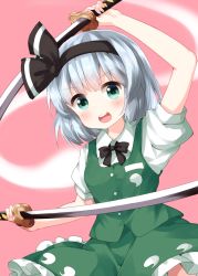 Rule 34 | 1girl, black bow, black bowtie, black hairband, blunt bangs, bow, bowtie, buttons, collared shirt, ghost, ghost print, green eyes, green skirt, green vest, hairband, highres, hitodama, holding, holding sword, holding weapon, katana, konpaku youmu, konpaku youmu (ghost), looking at viewer, medium hair, multiple swords, open mouth, pink background, puffy short sleeves, puffy sleeves, ruu (tksymkw), shirt, short sleeves, silver hair, simple background, skirt, skirt set, solo, sword, teeth, touhou, v-shaped eyebrows, vest, weapon, white shirt