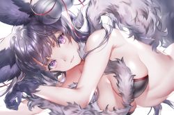 Rule 34 | 1girl, animal ears, bare shoulders, bell, black gloves, black hair, blush, breasts, cleavage, closed mouth, erune, fox ears, fox tail, fur trim, gloves, granblue fantasy, hair bell, hair ornament, highres, jingle bell, large breasts, lips, long hair, looking at viewer, michudx, purple eyes, simple background, smile, solo, tail, upper body, very long hair, white background, yuel (granblue fantasy)