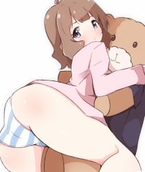 Rule 34 | 1girl, ahoge, ass, blue eyes, blush, brown hair, closed mouth, dutch angle, enelis, hugging object, idolmaster, idolmaster million live!, long sleeves, looking at viewer, looking back, panties, pink shirt, shirt, simple background, solo, striped clothes, striped panties, stuffed animal, stuffed toy, suou momoko, teddy bear, underwear, white background