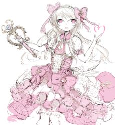 Rule 34 | 150gopaasento, 1girl, blonde hair, chaos marie (grimms notes), cleavage cutout, clothing cutout, dress, frills, grimms notes, hair ribbon, highres, holding, holding wand, holding weapon, jewelry, long hair, pendant, pink eyes, puffy short sleeves, puffy sleeves, ribbon, short sleeves, simple background, sketch, solo, wand, weapon, white background, wings