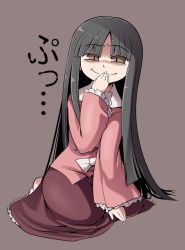 Rule 34 | 1girl, bad id, bad pixiv id, black hair, brown eyes, female focus, hand to own mouth, houraisan kaguya, serebi ryousangata, simple background, sitting, smile, smirk, snicker, solo, touhou, translated, troll face