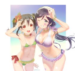 Rule 34 | 10s, 2girls, \m/, bikini, black hair, bow, bracelet, breasts, double \m/, flower, green eyes, hair bow, hair flower, hair ornament, jewelry, leaning forward, long hair, looking at viewer, love live!, love live! school idol project, low twintails, multiple girls, natsuiro egao de 1 2 jump!, navel, necklace, one eye closed, purple hair, red eyes, scrunchie, short hair, small breasts, smile, swimsuit, tomiwo, tojo nozomi, twintails, yazawa nico