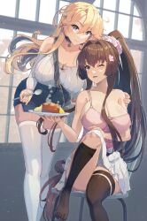 2girls alternate_costume black_thighhighs blonde_hair blue_eyes blue_shorts breasts brown_eyes brown_hair chair curtains dated food highres himeyamato holding holding_plate indoors iowa_(kancolle) kantai_collection ketchup large_breasts long_hair multiple_girls omelet omurice one_eye_closed open_mouth pink_shirt plate ponytail revision ribbed_shirt shirt shorts signature sitting skirt smile spaghetti_strap spoon star-shaped_pupils star_(symbol) symbol-shaped_pupils thighhighs white_shirt white_skirt white_thighhighs yamato_(kancolle)