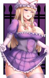 Rule 34 | 1girl, blonde hair, bow, breasts, cleavage, clothes lift, commentary request, cowboy shot, dress, dress lift, elbow gloves, frilled dress, frills, gloves, hair bow, hat, hat ribbon, heart, heart-shaped pupils, highres, large breasts, lifted by self, long hair, looking at viewer, mirufui, mob cap, one eye closed, pink eyes, purple background, purple dress, red bow, red ribbon, ribbon, short sleeves, sidelocks, solo, symbol-shaped pupils, thighhighs, touhou, white gloves, white hat, yakumo yukari