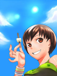 Rule 34 | atlus, bad id, bad pixiv id, brown eyes, brown hair, cloud, day, em (totsuzen no hakike), food, from below, grin, persona, persona 4, popsicle, satonaka chie, short hair, sky, smile, solo, striped, sweat, wristband