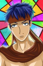Rule 34 | 1boy, angry, blue eyes, blue hair, fire emblem, headband, headset, hirokimura, ike (fire emblem), male focus, nintendo, red scarf, scarf, self-upload, stained glass, topless male