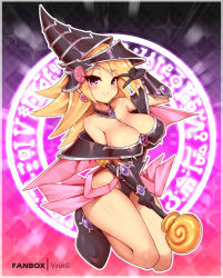 Rule 34 | 1girl, ankh, artist name, black leotard, blonde hair, breasts, capelet, cleavage, collar, commission, duel monster, ear piercing, full body, hat, highres, holding, holding staff, large breasts, leotard, long hair, looking at viewer, magi magi magician gal, magic circle, pentagram, piercing, purple eyes, skirt, smile, solo, staff, tattoo, thighs, v, virus-g, watermark, wavy hair, wizard hat, yu-gi-oh!