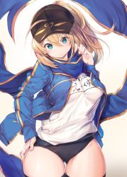 Rule 34 | 1girl, ahoge, artoria pendragon (fate), baseball cap, black hat, blonde hair, blue eyes, blue jacket, blue scarf, breasts, cowboy shot, curvy, fal maro, fate/grand order, fate (series), hair between eyes, hair through headwear, hat, head tilt, highres, jacket, long hair, looking at viewer, medium breasts, mysterious heroine x (fate), open clothes, open jacket, ponytail, scarf, shirt, shorts, sidelocks, solo, thick thighs, thighhighs, thighs, track jacket, white shirt, wind, wind lift