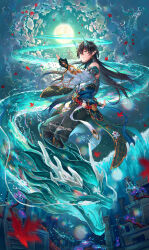 Rule 34 | 1boy, aqua eyes, aqua horns, autumn leaves, bare shoulders, belt, black collar, black gloves, black hair, black pants, blue sash, bubble, chinese commentary, city, closed mouth, cloud, cloudy sky, collar, collared shirt, commentary request, dan heng (honkai: star rail), dan heng (imbibitor lunae) (honkai: star rail), detached sleeves, dragon, dragon horns, earrings, eastern dragon, floral print, full body, full moon, gloves, gold earrings, hebbtia, high collar, highres, honkai: star rail, honkai (series), horns, jewelry, long hair, long sleeves, looking at viewer, male focus, moon, night, night sky, official alternate costume, outstretched arm, pants, partially fingerless gloves, pointy ears, red belt, sash, shirt, sky, smile, solo, very long hair, waist sash, water drop hair ornament, white shirt, white sleeves, wide sleeves