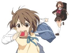 Rule 34 | 2girls, bag, blue ribbon, bread slice, brown eyes, brown hair, brown serafuku, brown skirt, closed eyes, commentary request, company connection, crossover, dress shirt, food, food in mouth, full body, grey skirt, hibike! euphonium, highres, hirasawa yui, instrument case, k-on!, kyoto animation, mouth hold, multiple girls, neck ribbon, neckerchief, nyum, open mouth, oumae kumiko, pleated skirt, red neckwear, ribbon, running, school bag, school uniform, serafuku, shirt, short hair, simple background, skirt, sweater vest, toast, toast in mouth, wavy hair, white background, yawning