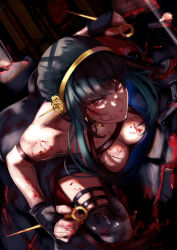 Rule 34 | 1girl, artist request, black dress, black hair, blood, blood on arm, blood on breasts, blood on face, blood on hands, breasts, cleavage, corpse, dress, fingerless gloves, gloves, highres, long hair, looking at viewer, motion blur, red eyes, solo, spy x family, yor briar