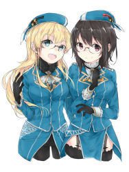Rule 34 | 10s, 2girls, :d, atago (kancolle), bad id, bad pixiv id, beret, bespectacled, black hair, blonde hair, blue eyes, cropped legs, glasses, gloves, hat, highres, kantai collection, multiple girls, open mouth, pantyhose, purple eyes, simple background, smile, takao (kancolle), thighhighs, tomo futoshi, white background