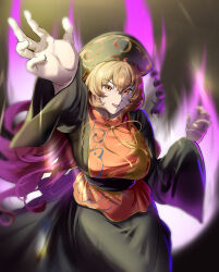 Rule 34 | 1girl, absurdres, black dress, blonde hair, breasts, chinese clothes, cowboy shot, dress, hand up, highres, junko (touhou), large breasts, long hair, long sleeves, looking at viewer, multiple tails, open mouth, phoenix crown, pom pom (clothes), red eyes, red tabard, tabard, tail, touhou, wide sleeves, yujin (kanouyuuto-0423)