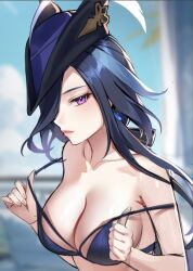 Rule 34 | 1girl, bare shoulders, bikini, black hat, blue bikini, blue hair, blue sky, blurry, blurry background, breasts, clorinde (genshin impact), commentary, day, genshin impact, hat, helloimtea, large breasts, looking at viewer, outdoors, pink lips, purple eyes, sky, solo, strap slip, swimsuit, tricorne, unfinished, upper body