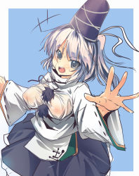 Rule 34 | 1girl, ajishio, black eyes, breasts, female focus, hat, japanese clothes, kariginu, large breasts, long hair, mononobe no futo, open mouth, see-through, silver hair, simple background, smile, solo, touhou, wet, wet clothes, wide sleeves