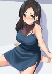 Rule 34 | 1girl, arm support, bad id, bad pixiv id, bare arms, bare legs, bare shoulders, barefoot, black hair, blue dress, blush, breasts, cccpo, cleavage, closed mouth, collarbone, dress, grey eyes, highres, large breasts, long hair, looking at viewer, nose blush, original, parted bangs, shadow, side slit, simple background, sitting, sleeveless, sleeveless dress, solo, tears, torn clothes, torn dress, wariza, white background