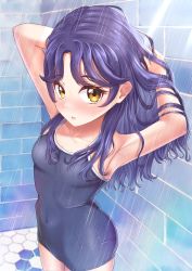 Rule 34 | 1girl, absurdres, akajiyuuki, armpits, ass, blush, collarbone, highres, long hair, looking at viewer, one-piece swimsuit, open mouth, precure, purple hair, school swimsuit, showering, solo, standing, suzumura sango, swimsuit, tropical-rouge! precure, wet, wet clothes, wet swimsuit, yellow eyes