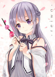 Rule 34 | 1girl, absurdres, bare shoulders, black bow, blush, bow, braid, branch, closed mouth, clothing cutout, commentary request, dress, floral background, flower, grey dress, hair between eyes, head tilt, highres, holding, holding branch, jacket, long hair, long sleeves, original, plum blossoms, purple eyes, purple hair, red flower, reiwa, shoulder cutout, smile, solo, sora (silent square), striped, striped bow, upper body, very long hair, white background, white jacket, wide sleeves