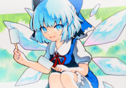 Rule 34 | 1girl, bad id, bad twitter id, bloomers, blue bow, blue dress, blue eyes, blue hair, blush, bow, cirno, detached wings, dress, fairy, food, hair between eyes, hair bow, highres, holding, holding food, ice, ice wings, open mouth, popsicle, puffy short sleeves, puffy sleeves, qqqrinkappp, shirt, short hair, short sleeves, smile, solo, touhou, traditional media, underwear, white bloomers, white shirt, wings