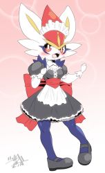 Rule 34 | 1girl, animal ears, animal hands, apron, artist name, back bow, black dress, black footwear, blue thighhighs, blush, bow, breasts, buck teeth, cinderace, clothed pokemon, creatures (company), detached collar, dress, female focus, frilled dress, frills, full body, furry, furry female, game freak, gen 8 pokemon, gradient background, hands up, highres, maid, maid headdress, mary janes, matching hair/eyes, nintendo, open mouth, pigeon-toed, pokemon, pokemon (creature), puffy short sleeves, puffy sleeves, rabbit ears, red background, red eyes, red hair, shoes, short hair, short sleeves, shourin bonzu, signature, simple background, skindentation, small breasts, solo, standing, teeth, thighhighs, wrist cuffs