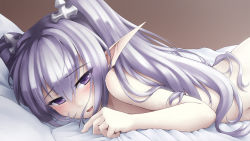 Rule 34 | 1girl, afterglow, agarest senki, agarest senki (series), blush, fyuria, fyuria (agarest senki), hair ornament, highres, light purple hair, long pointy ears, looking at viewer, lying, nude, on stomach, pointy ears, purple eyes, ricegnat, solo, sweat, twintails