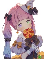 Rule 34 | 1girl, ahoge, black ribbon, blush, candy, candy cane, candy hair ornament, costume, dress, earrings, food, food-themed earrings, food-themed hair ornament, food themed earrings, gloves, gradient hair, green eyes, hair ornament, hair rings, hat, heterochromia, highres, himemori luna, holding, holoforce, hololive, jewelry, long hair, looking at viewer, meru corone, multicolored hair, orange ribbon, pink hair, pumpkin earrings, purple eyes, purple hair, ribbon, solo, virtual youtuber, wavy hair, witch hat