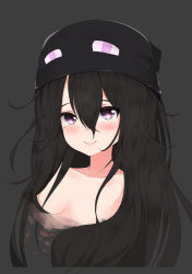 Rule 34 | 1girl, absurdres, bare shoulders, black hair, blush, closed mouth, collarbone, enderman, hair between eyes, highres, huaimeng, looking at viewer, minecraft, mole, mole under eye, personification, purple eyes, smile, upper body