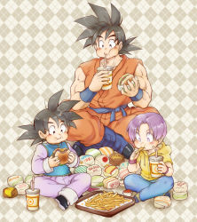 Rule 34 | black eyes, black hair, blue footwear, boots, burger, child, chinese clothes, cup, dragon ball, dragon ball super, drinking, drinking straw, eating, father and son, food, food in mouth, food on face, french fries, hano (hanos91), hood, hoodie, indian style, male focus, muscular, patterned background, purple eyes, purple hair, sitting, son goku, son goten, trunks (dragon ball), wristband