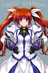 Rule 34 | 00s, 1girl, blue background, blue eyes, blush, breasts, cyclone (reizei), fingerless gloves, gloves, hair ornament, hair ribbon, hands on own hips, happy birthday, jacket, juliet sleeves, large breasts, long hair, long skirt, long sleeves, looking at viewer, lyrical nanoha, magical girl, mahou shoujo lyrical nanoha strikers, open clothes, open jacket, orange hair, puffy sleeves, purple eyes, red hair, ribbon, simple background, skirt, smile, solo, takamachi nanoha, takamachi nanoha (exceed mode), thighhighs, twintails, very long hair