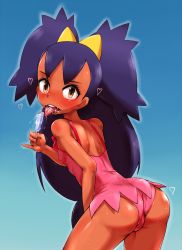 Rule 34 | 10s, 1girl, ass, bad id, bad pixiv id, bare shoulders, bent over, big hair, blush, brown eyes, covered erect nipples, creatures (company), dark-skinned female, dark skin, eyelashes, female focus, flat chest, food, from behind, game freak, gym leader, hair ornament, heart, highres, hun (uyonis), iris (pokemon), long hair, looking back, messy, nintendo, one-piece swimsuit, pinky out, pokemon, pokemon (anime), pokemon bw, pokemon bw (anime), popsicle, purple hair, solo, sweat, swimsuit, tongue, tongue out, twintails, two side up