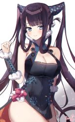 Rule 34 | 1girl, bare shoulders, berrypop, black dress, blue eyes, blunt bangs, blush, breasts, china dress, chinese clothes, cleavage, closed mouth, detached sleeves, dress, fate/grand order, fate (series), gradient background, hair ornament, large breasts, long hair, looking at viewer, purple hair, sidelocks, smile, solo, twintails, very long hair, white background, yang guifei (fate), yang guifei (second ascension) (fate)