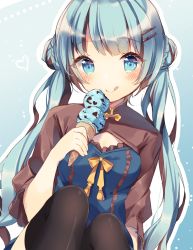Rule 34 | 1girl, :q, black thighhighs, blue background, blue dress, blue eyes, blue hair, blush, brown hair, brown shirt, closed mouth, double bun, double scoop, dress, food, hair bun, hair ornament, hairclip, heart, highres, holding, holding food, ice cream, ice cream cone, long hair, looking at viewer, multicolored hair, original, ribbon, shiino sera, shirt, short sleeves, side bun, simple background, smile, solo, tareme, thighhighs, tongue, tongue out, twintails, two-tone hair, very long hair, wide sleeves, yellow ribbon