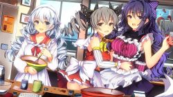Rule 34 | 3girls, :d, apron, baking, bare shoulders, benghuai xueyuan, black bow, blue eyes, blue sky, bow, bowl, bowtie, braid, bronya zaychik, chocolate, dress, drill hair, frilled apron, frilled dress, frills, gloves, grey eyes, grey hair, hair bow, highres, holding, holding bowl, honkai (series), honkai impact 3rd, indoors, kiana kaslana, kitchen, long hair, long sleeves, looking at viewer, multiple girls, official art, open mouth, ponytail, purple bow, purple dress, purple eyes, purple hair, raiden mei, red dress, sky, sleeveless, sleeveless dress, smile, third-party source, twin braids, twin drills, white apron, white dress, white gloves, window, yellow bow, yellow bowtie