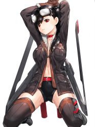 Rule 34 | 1girl, :&lt;, ahoge, arms up, belt, bike shorts, black hair, breasts, brown gloves, brown thighhighs, choker, closed mouth, coat, commentary request, copyright request, fur trim, gloves, gluteal fold, goggles, goggles on head, hands up, kfr, kneeling, legs apart, looking at viewer, medium breasts, navel, red choker, red eyes, simple background, solo, thighhighs, twintails, white background