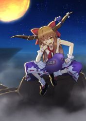 Rule 34 | 1girl, bare arms, black footwear, blush, bow, commentary request, fang, fog, footwear bow, full body, gourd, hair bow, hand on own hip, hand up, horn bow, horn ornament, horn ribbon, horns, ibuki suika, long hair, looking at viewer, moon, night, night sky, nigo (aozoragarou), ofuda, oni, oni horns, open mouth, orange hair, purple ribbon, purple skirt, red bow, red neckwear, ribbon, ribbon-trimmed skirt, ribbon trim, rock, shirt, shoes, sitting, skirt, sky, sleeveless, sleeveless shirt, socks, solo, star (sky), starry sky, touhou, white bow, white shirt, white socks, wrist cuffs, yellow eyes