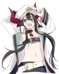 Rule 34 | 1girl, :d, armpits, belt, black hair, blush, breasts, collar, dragon girl, dragon horns, hat, horns, ixy, jacket, long hair, long sleeves, looking at viewer, midriff, navel, open clothes, open jacket, open mouth, red eyes, red horns, sharp teeth, simple background, small breasts, smile, solo, teeth, upper teeth only, vgaming, virtual youtuber, white background, white belt, white hat, white jacket, yoruno yui
