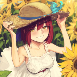 Rule 34 | 1girl, bare shoulders, blush, boa (brianoa), breasts, collarbone, dress, field, flower, flower field, grin, hair ribbon, hat, highres, kohaku (tsukihime), looking at viewer, medium breasts, red hair, ribbon, short hair, smile, solo, straw hat, sunflower, sunflower field, tsukihime, white dress, yellow eyes